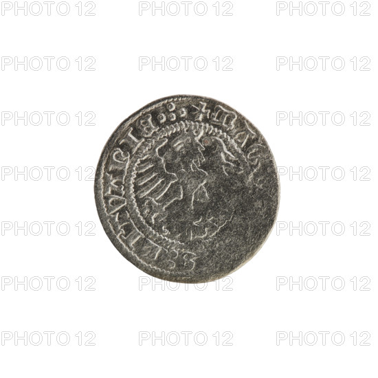 Lithuanian half-grosz, Sigismund I the Old (King of Poland; 1506–1548). Obverse: Pogon (Lithuanian coat of arms) turned left; in the rim between pearl borders an inscription: + COIN:, VNDI:13. Reverse: Polish eagle with a crown; in the rim between pearly borders an inscription: + MAG.. , .]S:LITVANIE.:., 1513. Grand Duchy of Lithuania, Vilnius. Materials: coin (metal).