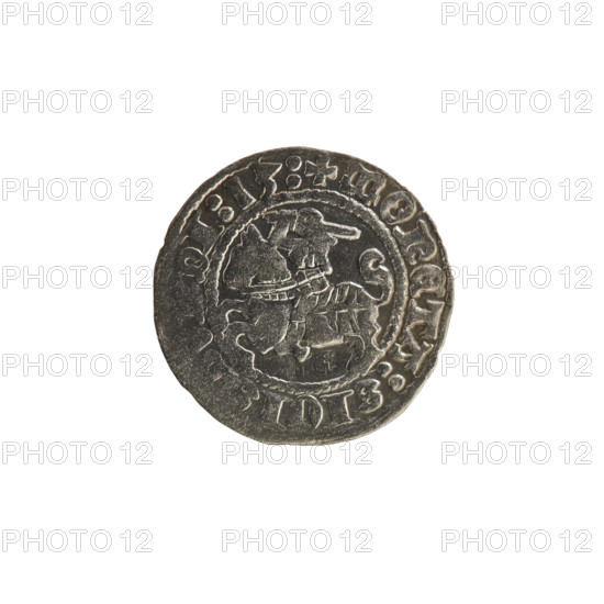 Lithuanian half-grosz, Sigismund I the Old (king of Poland; 1506–1548). Obv.: Pogon (Lithuanian coat of arms) turned left; in the rim between pearl borders an inscription: + COIN:SIGI, DI:13:. Rev.: Polish crowned Eagle; in the rim between pearly borders an inscription: + MAGNI:DVCIS:, E, 1513. R8 (rarity). Polish coin; Grand Duchy of Lithuania, Vilnius; coats of arms; Jagiellonian dynasty.