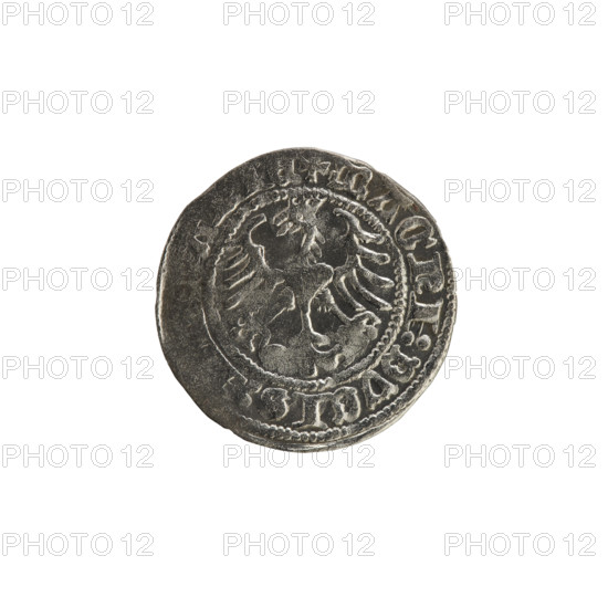 Lithuanian half-grosz, Sigismund I the Old (king of Poland; 1506–1548). Polish coin, R8 (rarity), dated 1513. Obverse: Pogon (mounted knight) turned left; in the rim between pearl borders an inscription: + COIN:SIGI, DI:13:. Reverse: Polish Eagle with a crown; in the rim between pearly borders an inscription: + MAGNI:DVCIS:. Materials/style: coinage; coats of arms: Eagle (coat of arms), Pogon (coat of arms; Lithuania); Grand Duchy of Lithuania, Vilnius, Poland.