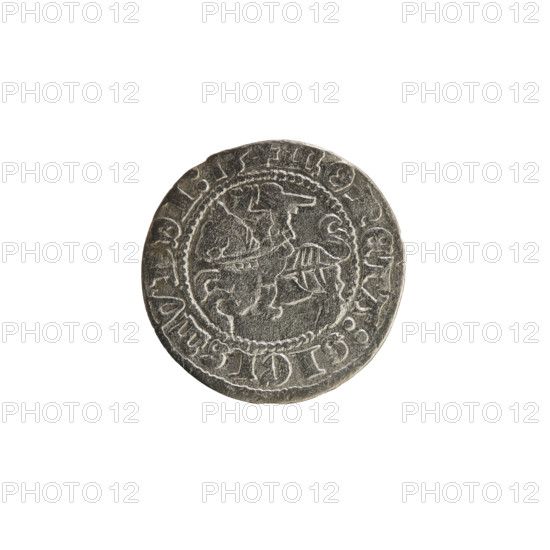 Lithuanian half-grosz, Sigismund I the Old (King of Poland; 1506–1548). Obverse: Pogon (Lithuanian coat of arms) turned left; rim inscription between pearl borders: + COIN:SIGISMVNDI:13. Reverse: Polish crowned eagle; rim inscription between pearl borders: + MAGNI:DVCIS:LITVANIE:. Dated 1513. Grand Duchy of Lithuania (Vilnius), Poland. Materials: coin; subject: coats of arms, eagles; dynasty: Jagiellons.