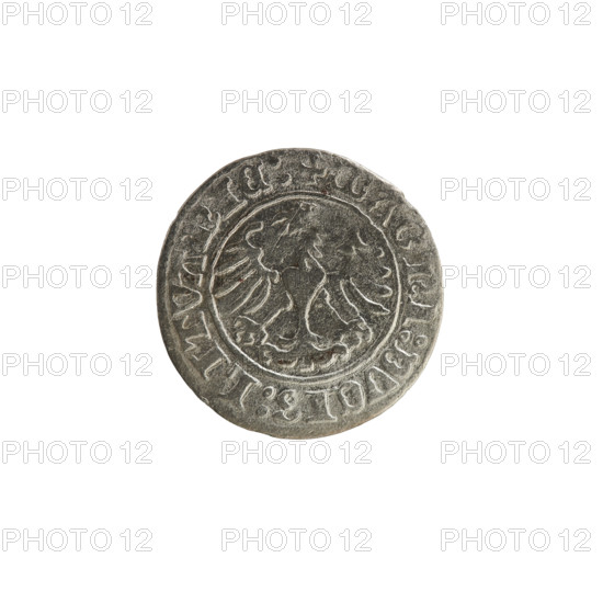 Lithuanian half-grosz, Sigismund I the Old (King of Poland; 1506–1548). Obverse: Pogon (Lithuanian coat of arms) turned left; rim between pearl borders inscribed '+ COIN:SIGISMVNDI:13'. Reverse: crowned Polish eagle; rim between pearl borders inscribed '+ MAGNI:DVCIS:LITVANIE:'. Dated 1513. Grand Duchy of Lithuania (Vilnius), Polish coin.