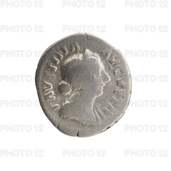 Denarius of Faustina the Younger (ca. 130–176), Roman empress 161–176; issuer Marcus Aurelius (121–180), Roman emperor 161–180. Obverse: Bust of Faustina II in drapery facing right, inscription AV TINA AVGVSTA around. Reverse: Salus seated on a throne facing left, feeding a snake wrapped around an altar with a patera in her outstretched right hand, left hand on back of seat, inscription SALVS around. Date ca. 161–176, Roman Empire (27 BC–476), Rome. Coin: silver, diameter 16.5–18.0 mm, weight 2.88 g, axis 0°.