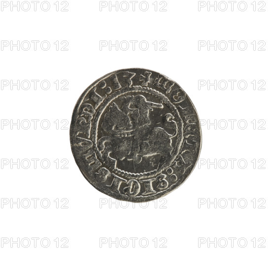 Lithuanian half-grosz, Sigismund I the Old (king of Poland; 1506–1548). Obverse: Pogon (mounted knight) turned left; in the rim between pearl borders an inscription: + COIN:SIGISMVNDI:13. Reverse: Polish crowned Eagle; in the rim between pearl borders an inscription: + MAGNI:DVCIS:LITVANIE. Dated 1513. Grand Duchy of Lithuania, Vilnius. Polish coin; coats of arms: Eagle, Pogon; Jagiellonian dynasty; rarity R8.