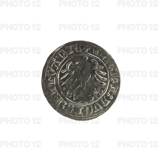 Lithuanian half-grosz, Sigismund I the Old (king of Poland; 1506–1548). Obverse: Pogon (Lithuanian coat of arms) turned left; in the rim between pearl borders an inscription: + COIN:SIGISMVNDI:13. Reverse: Polish crowned Eagle; in the rim between pearl borders an inscription: + MAGNI:DVCIS:LITVANIE. Dated 1513. Grand Duchy of Lithuania, Vilnius. Materials: coin; style: Polish–Lithuanian numismatic; features: coats of arms, eagles, Jagiellonian dynasty. R8 (rarity).