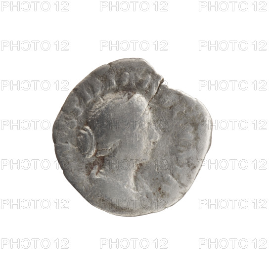 Denarius of Faustina the Younger (ca. 130–176; Roman empress 161–176), issuer Marcus Aurelius (121–180; Roman emperor 161–180). Obverse: bust of Faustina II in drapery facing right, legend FAVSTINA AVGVSTA. Reverse: Salus seated on a throne facing left, in her outstretched right hand she holds a patera feeding a snake wrapped around an altar, left hand rests on back of seat, legend S A - LVS. Roman Empire, 161–176. Coin: silver, diameter 17.0–17.5 mm, weight 2.13 g, axis 0°.