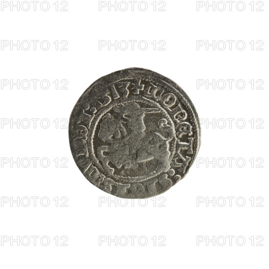 Lithuanian half-grosz, Sigismund I the Old (king of Poland; 1506–1548). R8 (rarity). Polish coin, 1513. Obverse: Pogon (Coat of Arms of Lithuania) turned left; in rim between pearl borders an inscription: + COIN:, SMV, DI:, 513. Reverse: Polish Eagle with a crown; in rim between pearly borders an inscription: + MAGNI:DVCIS:LITV, E, 1513. Grand Duchy of Lithuania, Vilnius.
