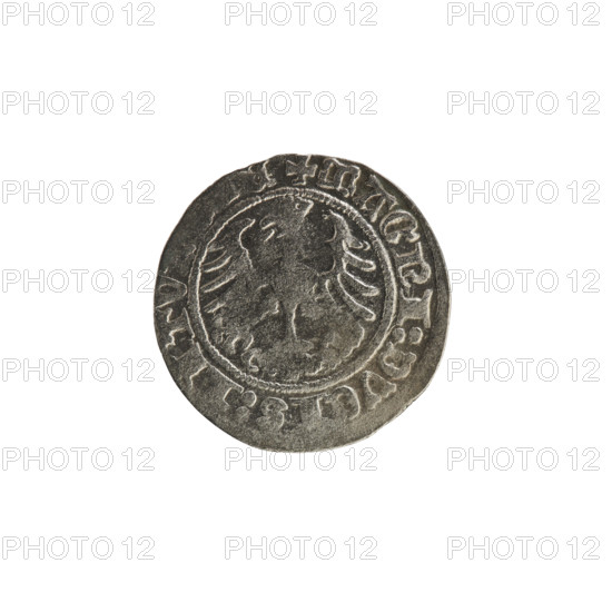 Lithuanian half-grosz, Sigismund I the Old (king of Poland; 1506–1548). R8 (rarity). Polish coin featuring coats of arms: Obverse – Pogon (chase) turned left; in the rim between pearl borders an inscription: + COIN:, SMV, DI:, 513. Reverse – Polish crowned Eagle; in the rim between pearly borders an inscription: + MAGNI:DVCIS:LITV, E, 1513. Grand Duchy of Lithuania, Vilnius.