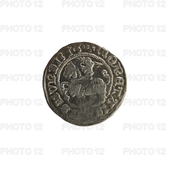 Lithuanian half-grosz, Sigismund I the Old (King of Poland; 1506–1548). Obverse: Pogon (Lithuanian coat of arms) turned left; in the rim between pearl borders an inscription: + COIN:SSMVNDI:1513. Reverse: Polish crowned Eagle; in the rim between pearl borders an inscription: + MAGNI:, IS:LITVANIE:, 1513. Grand Duchy of Lithuania, Vilnius; Polish coin; R8 (rarity). Subjects/attributes: Polish coins, eagles, Jagiellonian dynasty, coats of arms. Materials/format: coin.