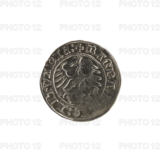 Lithuanian half-grosz, Sigismund I the Old (King of Poland; 1506–1548). Obverse: Pogon (Lithuanian coat of arms) turned left; in the rim between pearl borders an inscription: + COIN:SSMVNDI:1513. Reverse: Polish crowned Eagle; in the rim between pearl borders an inscription: + MAGNI:, IS:LITVANIE:, 1513. R8 (rarity). Polish coin from the Grand Duchy of Lithuania, Vilnius.