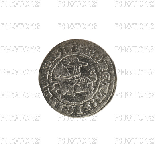 Lithuanian half-grosz, Sigismund I the Old (King of Poland; 1506–1548). Obverse: Pogon (Lithuanian coat of arms) turned left; in the rim between pearl borders an inscription: + COIN:SIGISMVNDI:13. Reverse: Polish crowned Eagle; in the rim between pearl borders an inscription: + MAGNI:DVCIS:, ANIE.:., 1513. Silver coin, Grand Duchy of Lithuania (Vilnius), featuring coats of arms of Poland and Lithuania; Jagiellon dynasty.