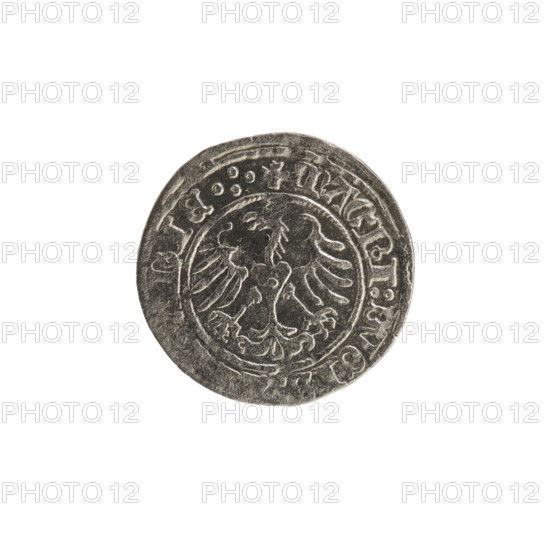 Lithuanian half-grosz, Sigismund I the Old (King of Poland; reign 1506–1548), 1513. Silver coin (half-grosz). Obverse: Pogon (Lithuanian mounted knight) turned left; rim between pearl borders inscribed '+ COIN:SIGISMVNDI:13'. Reverse: crowned Polish Eagle; rim between pearl borders inscribed '+ MAGNI:DVCIS:, ANIE.:.'. Coats of arms: Pogon and crowned Polish Eagle. Grand Duchy of Lithuania (Vilnius).