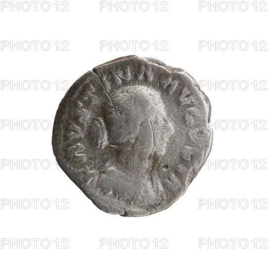 Denarius, Marcus Aurelius (121–180; Roman emperor 161–180), issuer; obverse: draped bust of Faustina II to the right, legend FAVSTINA AVGVSTA; reverse: draped throne (pulvinar) with two children — twins Commodus and Antoninus, legend SAECVLI FELICIT; iconography: Faustina the Younger (ca. 130–176; Roman empress 161–176), children, Commodus (161–192; Roman emperor 177–192), thrones; date: 161–176; Roman Empire, Rome; coin: diameter 17.5 mm, weight 2.13 g, axis 180°