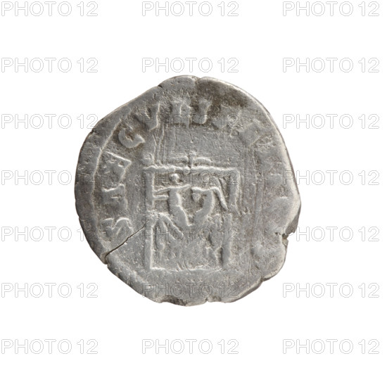Denarius, Marcus Aurelius (121–180; Roman emperor 161–180), issuer; Faustina the Younger (ca. 130–176; Roman empress 161–176) — obverse: draped bust of Faustina II to the right, inscription FAVSTINA AVGVSTA (around); reverse: draped throne (pulvinar) on which two children (twins Commodus and Antoninus) are seated, inscription SAECVLI FELICIT (circumferential). Iconography: children, Commodus (161–192) — iconography, thrones. Date: 161–176. Culture/place: Roman Empire, Rome. Medium: coin (denarius). Diameter: 17.5 mm. Weight: 2.13 g. Axis: 180°.