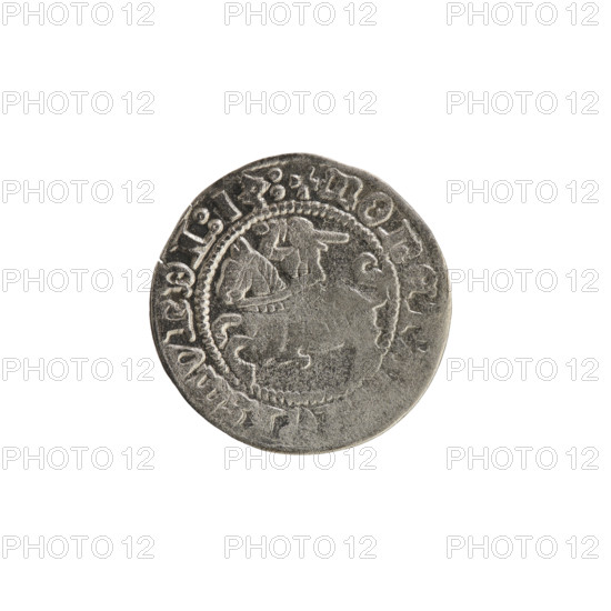 Lithuanian half-grosz, Sigismund I the Old (King of Poland; 1506–1548). Obverse: Pogon (mounted knight) turned left; in the rim between pearl-shaped borders an inscription: + MONETA GISMVNDI 13. Reverse: Polish crowned eagle; in the rim between pearl-shaped borders an inscription: I DVCIS LITVANI, 1513. Coin of the Grand Duchy of Lithuania (Vilnius); Polish coin, featuring coats of arms (Eagle, Pogon), Jagiellon dynasty.