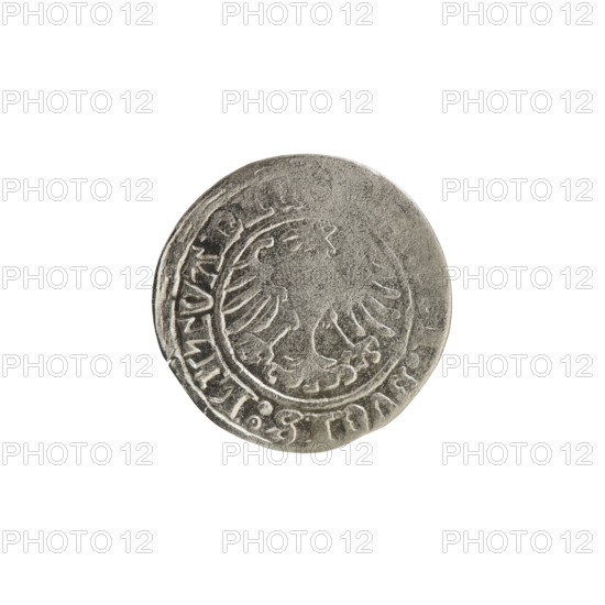 Lithuanian half-grosz, Sigismund I the Old (King of Poland; 1506–1548). Obverse: Pogon (Lithuanian coat of arms) turned left; in the rim between pearl-shaped borders an inscription: + MONETA GISMVNDI 13. Reverse: crowned Polish Eagle; in the rim between pearl-shaped borders an inscription: I DVCIS LITVANI. Dated 1513. Coin from the Grand Duchy of Lithuania (Vilnius, Poland).
