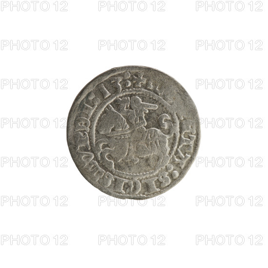 Lithuanian half-grosz, Sigismund I the Old (King of Poland; reign 1506–1548). Obverse: Pogon (Lithuanian coat of arms) turned left; rim between pearl borders with inscription '+ ETA:SIGISMVNDI:13:'. Reverse: Polish crowned eagle; rim between pearl borders with inscription '+ MAGNI:DVCI, TVANIE.:., 1513'. Grand Duchy of Lithuania, Vilnius; Polish-Lithuanian coin.