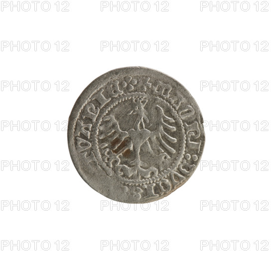 Lithuanian half-grosz, Sigismund I the Old (King of Poland; 1506–1548), 1513. Obverse: Pogon (Lithuanian coat of arms) turned left; rim inscription between pearl borders: + ETA:SIGISMVNDI:13:. Reverse: crowned Polish Eagle; rim inscription between pearl borders: + MAGNI:DVCI, TVANIE.:. Materials: coin; function: currency. Grand Duchy of Lithuania, Vilnius, Poland.