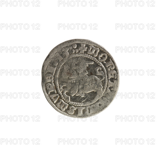 Lithuanian half-grosz, Sigismund I the Old (King of Poland; 1506–1548). Obverse: Pogon (Lithuanian coat of arms) turned left; in the rim between pearl borders an inscription: + MONET, GISMVNDI:13::. Reverse: Polish crowned eagle; in the rim between pearl borders an inscription: + MAGNI:DVCIS:LITVA, 1513. Grand Duchy of Lithuania; coin.