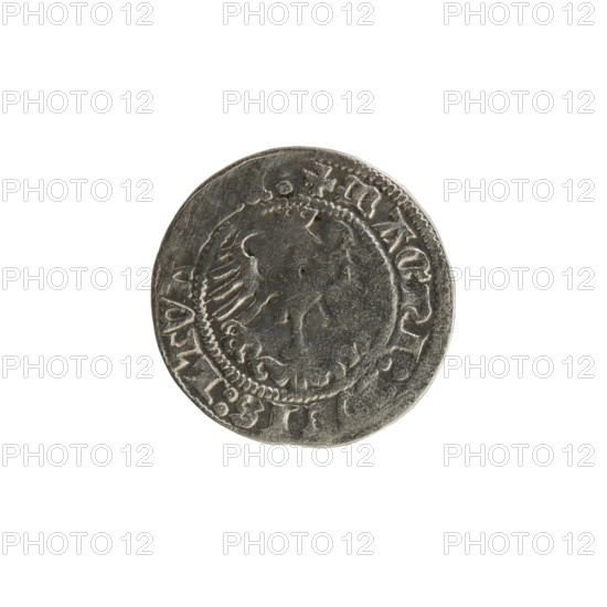 Lithuanian half-grosz, Sigismund I the Old (King of Poland; 1506–1548). Obverse: Pogon (Lithuanian coat of arms) turned left; in the rim between pearl borders an inscription: + MONET, GISMVNDI:13::. Reverse: Polish crowned eagle; in the rim between pearl borders an inscription: + MAGNI:DVCIS:LITVA, 1513. Coin from the Grand Duchy of Lithuania (Vilnius).