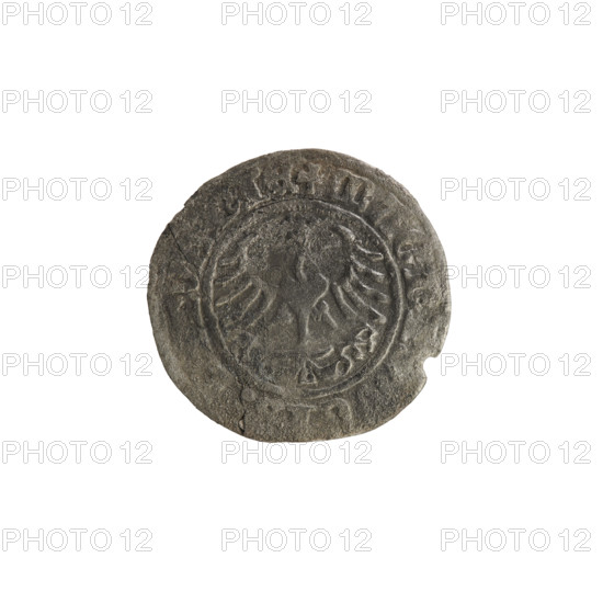 Lithuanian half-grosz, Sigismund I the Old (King of Poland; 1506–1548). Obverse: Pogon (mounted knight) facing left; in the rim between pearl borders an inscription: + MOA, SIG, MVNDI:1. Reverse: Polish crowned eagle; in the rim between pearl borders an inscription: + MAGNI, CI, :LITVANIE, 1513. Coats of arms: Eagle (coat of arms), Pogon (coat of arms). Grand Duchy of Lithuania, Vilnius, Poland. Coin.