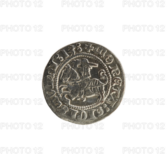 Half-grosz coin of Sigismund I the Old (King of Poland, r. 1506–1548), 1513. Obverse: Pogon (Lithuanian coat of arms) turned left; rim inscription between pearled borders: + COIN:SIGISMVNDI:13:. Reverse: crowned Polish eagle; rim inscription between pearled borders: + MAGNI:DVCIS:LITVANIE:. Grand Duchy of Lithuania, Vilnius.