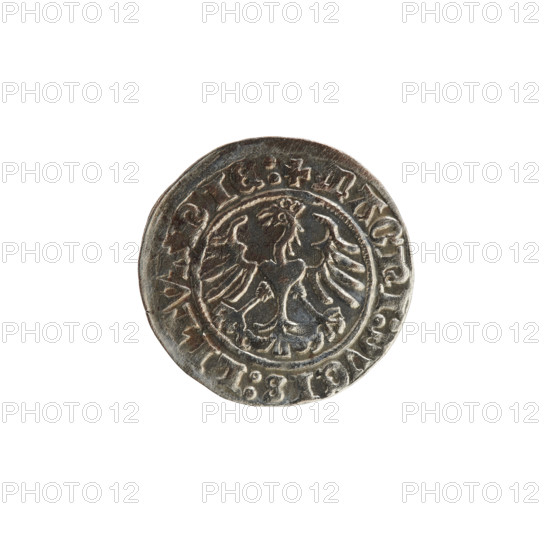 Lithuanian half-grosz, Sigismund I the Old (King of Poland; 1506–1548). Obverse: Pogon (Lithuanian coat of arms) turned left; in the rim between pearl borders an inscription: + COIN:SIGISMVNDI:13:. Reverse: Polish crowned eagle; in the rim between pearl borders an inscription: + MAGNI:DVCIS:LITVANIE:. 1513. Grand Duchy of Lithuania (Vilnius). Coats of arms; Polish coins; Jagiellon dynasty.