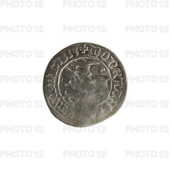 Lithuanian half-grosz, Sigismund I the Old (king of Poland; 1506–1548). R8 (rarity). Polish coin (1513), Grand Duchy of Lithuania, Vilnius. Obverse: Pogon (mounted knight) turned left; in the rim between pearl borders an inscription: + MONETA, MVNDI:1513. Reverse: Polish eagle with crown; in the rim between pearl borders an inscription: + MAG, IS:LITVANIE, 1513. Coats of arms: Eagle (coat of arms), Pogon.
