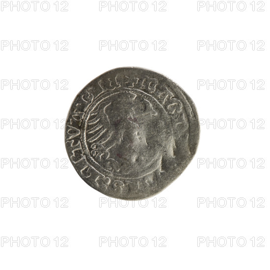 Lithuanian half-grosz, Sigismund I the Old (king of Poland; 1506–1548). R8 (rarity). Polish coin, 1513. Obverse: Pogon (Lithuanian coat of arms) turned left; in the rim between pearl borders an inscription: + MONETA, MVNDI:1513. Reverse: Polish crowned Eagle; in the rim between pearl borders an inscription: + MAG, IS:LITVANIE, 1513. Grand Duchy of Lithuania, Vilnius.