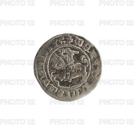 Lithuanian half-grosz, Sigismund I the Old (King of Poland; 1506–1548). Obverse: Pogon (Lithuanian coat of arms) turned left; in the rim between pearl borders an inscription: + MONE, GISMVNDI:13::. Reverse: crowned Polish Eagle; in the rim between pearl borders an inscription: + MAGNI, CIS:LITV, E, 1513. Grand Duchy of Lithuania, Vilnius; coin.