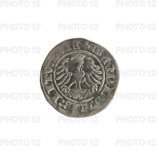 Lithuanian half-grosz, Sigismund I the Old (King of Poland; reign 1506–1548). Silver coin (half-grosz), dated 1513. Obverse: Pogon (Lithuanian coat of arms) turned left; inscription in rim between pearl borders: + MONE, GISMVNDI:13::. Reverse: Polish crowned eagle; inscription in rim between pearl borders: + MAGNI, CIS:LITV, E, 1513. Related subjects: Polish coins, eagles, Jagiellon dynasty, coats of arms; Grand Duchy of Lithuania, Vilnius, Poland.