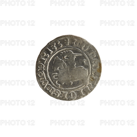 Lithuanian half-grosz, Sigismund I the Old (King of Poland; 1506–1548). Obverse: Pogon (Lithuanian coat of arms) turned left; in the rim between pearl borders an inscription '+ COIN:SIGISMVNDI:13:'. Reverse: Polish crowned eagle; in the rim between pearl borders an inscription '+ MAGNI:DVCIS:LITVANIE'. Dated 1513. Grand Duchy of Lithuania (Vilnius). Materials: coin; style: early 16th-century Polish–Lithuanian coinage; motifs: Jagiellonian dynasty coats of arms.