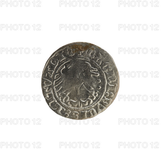 Lithuanian half-grosz, Sigismund I the Old (King of Poland; 1506–1548). Obverse: Pogon (Lithuanian coat of arms) turned left; in the rim between pearl borders an inscription: + COIN:SIGISMVNDI:13:. Reverse: Polish crowned eagle; in the rim between pearl borders an inscription: + MAGNI:DVCIS:LITVANIE. Dated 1513. Grand Duchy of Lithuania (Vilnius).