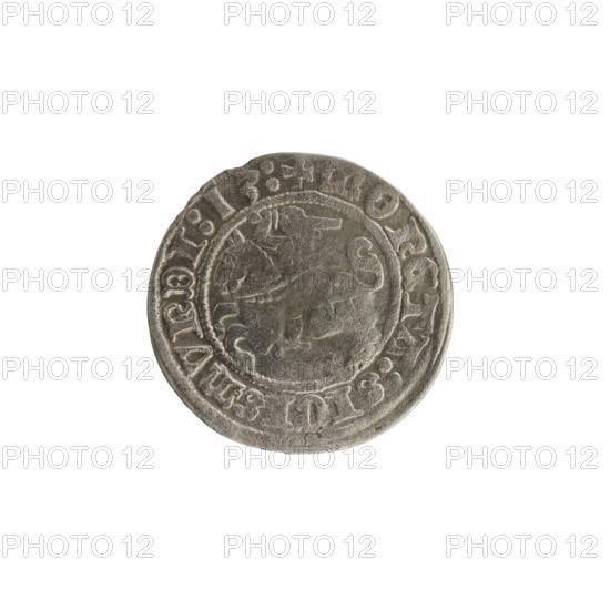 Lithuanian half-grosz, Sigismund I the Old (King of Poland; 1506–1548). Obverse: Pogon (Lithuanian coat of arms) turned left; in the rim between pearl borders an inscription: + COIN:SIGISMVNDI:13:. Reverse: Polish Eagle with a crown; in the rim between pearl borders an inscription: + MAGNI:DVCIS:LIT, NIE.:., dated 1513. Grand Duchy of Lithuania (Vilnius), coin.