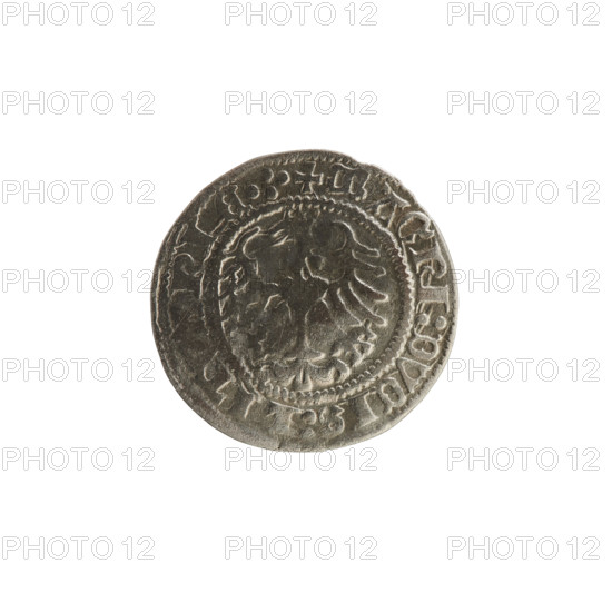 Lithuanian half-grosz, Sigismund I the Old (King of Poland; reign 1506–1548), 1513. Obverse: Pogon (Lithuanian mounted knight) turned left; in the rim between pearl borders an inscription: + COIN:SIGISMVNDI:13:. Reverse: Polish crowned eagle; in the rim between pearly borders an inscription: + MAGNI:DVCIS:LIT, NIE.:. Materials: coin (metal). Style: early 16th-century Polish–Lithuanian coinage; function: currency.