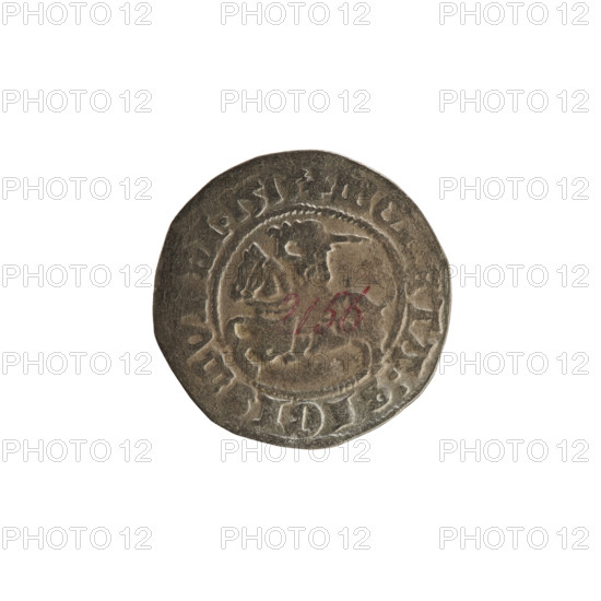 Lithuanian half-grosz, Sigismund I the Old (king of Poland; 1506–1548). Obverse: Pogon (Mounted Knight) turned left; in the rim between pearl borders an inscription: + MO, ETA:SIGISMVNDI:1513. Reverse: Polish crowned Eagle; in the rim between pearl borders an inscription: + MAGNI:DVC, TVANIE:, 1513. R8 (rarity). Polish coin; Grand Duchy of Lithuania; Vilnius; 1513. Coats of arms: Eagle (coat of arms), Pogon; Jagiellonian dynasty. Materials/style: half-grosz (coin).