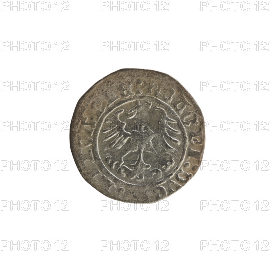 Lithuanian half-grosz, Sigismund I the Old (king of Poland; 1506–1548). Obverse: Pogon (Lithuanian coat of arms) turned left; in the rim between pearl borders an inscription: + MO, ETA:SIGISMVNDI:1513. Reverse: Polish crowned eagle; in the rim between pearl borders an inscription: + MAGNI:DVC, TVANIE:, 1513. R8 (rarity). Polish coin; Grand Duchy of Lithuania; Vilnius; 1513.