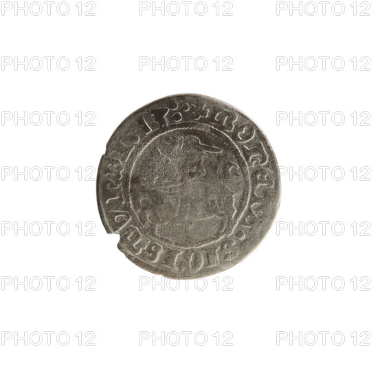 Lithuanian half-grosz, Sigismund I the Old (King of Poland; 1506–1548). Obverse: Pogon (Lithuanian coat of arms) turned left; rim inscription between pearl borders: + COIN:SIGISMVNDI:13:. Reverse: Polish crowned eagle; rim inscription between pearl borders: + MAGNI:DVCIS:LITVA. Dated 1513. Grand Duchy of Lithuania; silver coin.