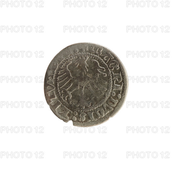 Lithuanian half-grosz, Sigismund I the Old (King of Poland; reign 1506–1548), 1513. Silver coin (half-grosz) from the Grand Duchy of Lithuania, struck in Vilnius. Obverse: Pogon (Lithuanian charging knight) turned left; in the rim between pearl borders an inscription: + COIN:SIGISMVNDI:13:. Reverse: Polish crowned eagle; in the rim between pearl borders an inscription: + MAGNI:DVCIS:LITVA. Features coats of arms of Poland (eagle) and Lithuania (Pogon); associated with the Jagiellon dynasty.