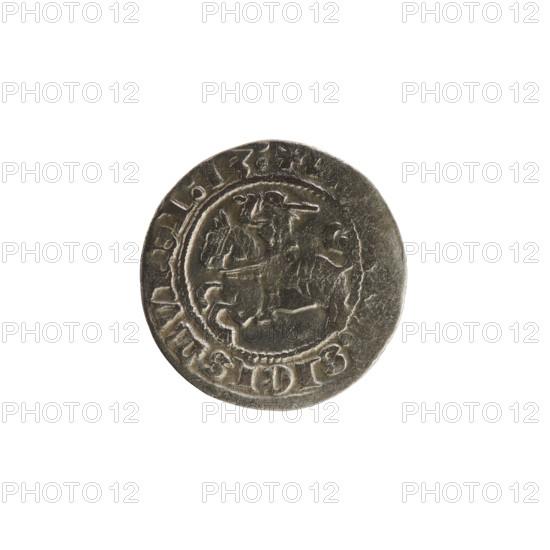 Lithuanian half-grosz, Sigismund I the Old (King of Poland; reign 1506–1548), 1513. Silver coin (half-grosz). Obverse: Pogon (Lithuanian coat of arms) turned left; in the rim between pearl borders an inscription: + SIGISMVNDI:13:. Reverse: Polish crowned eagle; in the rim between pearl borders an inscription: NI:DVCIS:LITVANI. Coats of arms: Eagle and Pogon. Grand Duchy of Lithuania; Polish–Lithuanian context.