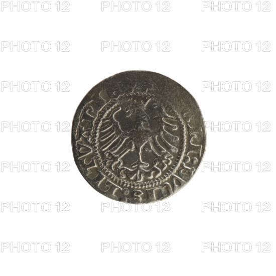 Lithuanian half-grosz, Sigismund I the Old (King of Poland; 1506–1548). Silver coin (half-grosz), 1513. Obverse: Pogon (Lithuanian coat of arms) turned left; rim between pearl borders inscription '+ SIGISMVNDI:13:'. Reverse: crowned Polish Eagle; rim between pearl borders inscription 'NI:DVCIS:LITVANI'. Grand Duchy of Lithuania, Vilnius. Coats of arms: Eagle, Pogon.