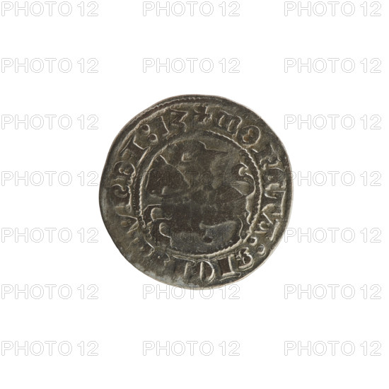 Lithuanian half-grosz, Sigismund I the Old (King of Poland; reign 1506–1548), 1513. Silver coin (half-grosz). Obverse: Pogon (Lithuanian coat of arms) turned left; inscription in rim between pearl borders: + COIN:SIGI, VNDI:13. Reverse: Polish crowned eagle; inscription in rim between pearl borders: + MA, VCIS:LITVANIE.:., 1513. Associated coats of arms: Eagle (Poland) and Pogon (Lithuania); Jagiellon dynasty; Grand Duchy of Lithuania, Vilnius.