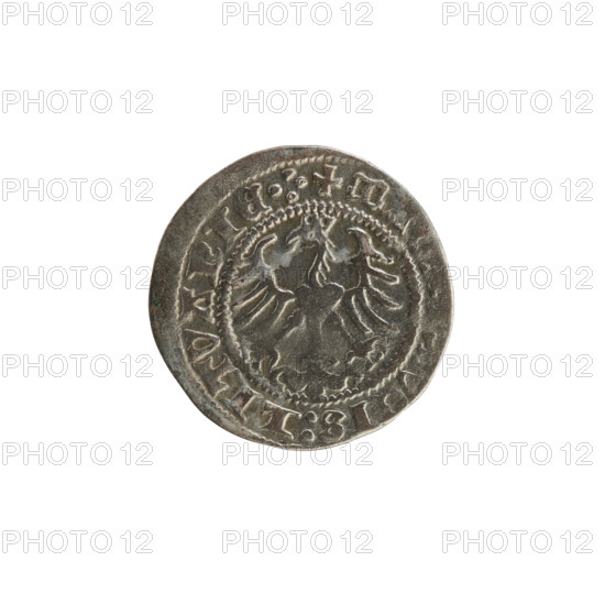 Lithuanian half-grosz, Sigismund I the Old (King of Poland; 1506–1548), 1513. Obverse: Pogon (mounted knight) turned left; in the rim between pearl borders an inscription: + COIN:SIGI, VNDI:13. Reverse: crowned Polish Eagle; in the rim between pearl borders an inscription: + MA, VCIS:LITVANIE.:., 1513. Coats of arms: Eagle (Poland) and Pogon (Lithuania). Grand Duchy of Lithuania, Vilnius. Coin.