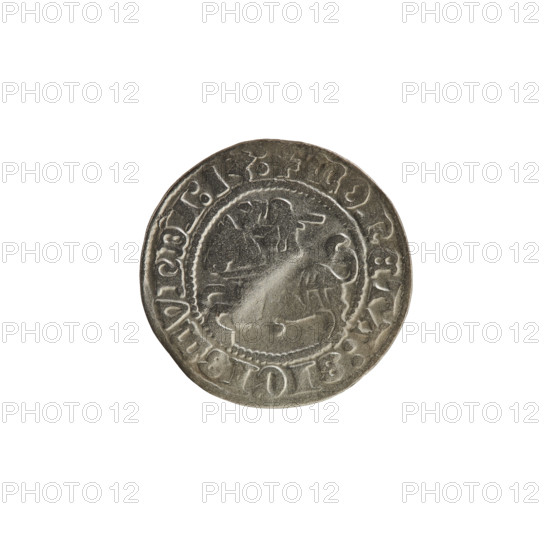 Lithuanian half-grosz, Sigismund I the Old (King of Poland; 1506–1548). Obverse: Pogon (Lithuanian coat of arms) turned left; in the rim between pearl borders an inscription: + COIN:SIGISMVNDI:13:. Reverse: Polish crowned eagle; in the rim between pearl borders an inscription: + MAGNI:DVCIS:LITVANIE:. Dated 1513. Grand Duchy of Lithuania (Vilnius). Materials: coin; subject: coats of arms (Pogon and Polish eagle); dynasty: Jagiellons.