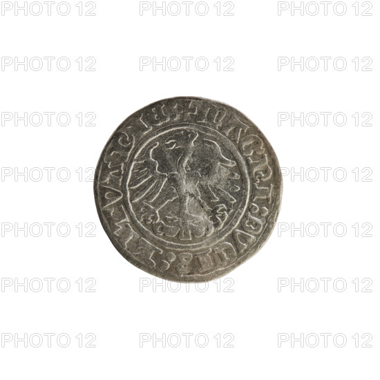 Lithuanian half-grosz of Sigismund I the Old (King of Poland, 1506–1548). Obverse: Pogon (Lithuanian coat of arms) turned left; in the rim between pearl borders an inscription: + COIN:SIGISMVNDI:13:. Reverse: crowned Polish Eagle; in the rim between pearl borders an inscription: + MAGNI:DVCIS:LITVANIE:. Dated 1513. Grand Duchy of Lithuania (Vilnius). Features Polish coins, eagles, Jagiellon dynasty, coats of arms.
