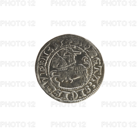 Lithuanian half-grosz, Sigismund I the Old (King of Poland; 1506–1548). Obverse: Pogon (Lithuanian coat of arms) turned left; in rim between pearl borders an inscription: +ONETA:SIGISMVNDI:. Reverse: Polish crowned eagle; in rim between pearl borders an inscription: +MAGNI:DVCIS:LITVANIE:. Dated 1513. Coin of the Grand Duchy of Lithuania (Vilnius), minted under Poland–Lithuania; coats of arms of the Jagiellon dynasty.