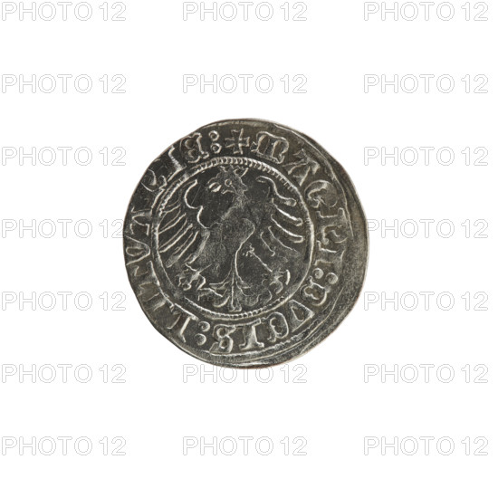 Lithuanian half-grosz, Sigismund I the Old (King of Poland; 1506–1548). Obverse: Pogon (Lithuanian coat of arms) turned left; in rim between pearl borders an inscription: +ONETA:SIGISMVNDI:. Reverse: Polish crowned eagle; in rim between pearl borders an inscription: +MAGNI:DVCIS:LITVANIE:. Dated 1513. Material: coin; origin: Grand Duchy of Lithuania, Vilnius (Poland/Lithuania).