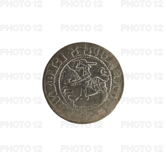 Lithuanian half-grosz, Sigismund I the Old (King of Poland; 1506–1548). Obverse: Pogon (mounted knight) turned left; in the rim between pearly borders an inscription: + MONET, MVNDI:13:. Reverse: Polish crowned eagle; in the rim between pearly borders an inscription: + MA, LITVANIE:, 1513. Silver coin; Grand Duchy of Lithuania, Vilnius.