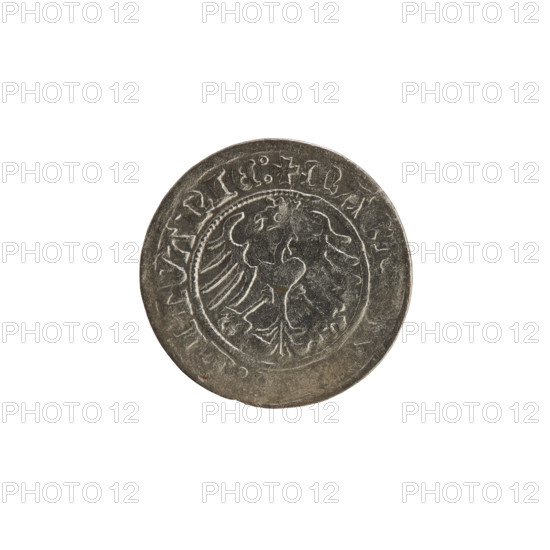 Lithuanian half-grosz, Sigismund I the Old (King of Poland; 1506–1548), 1513. Silver coin (half-grosz). Obverse: Pogon (Lithuanian coat of arms) turned left; in the rim between pearly borders an inscription: + MONET, MVNDI:13:. Reverse: Polish crowned eagle; in the rim between pearly borders an inscription: + MA, LITVANIE:. Grand Duchy of Lithuania, Vilnius.