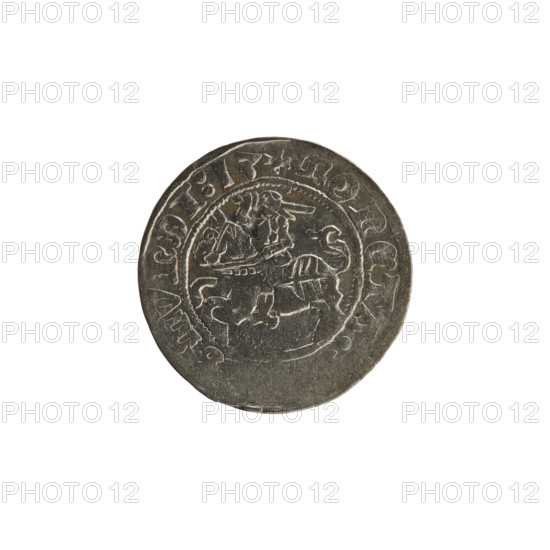 Lithuanian half-grosz, Sigismund I the Old (King of Poland; 1506–1548). Obverse: Pogon (Lithuanian coat of arms) turned left; in the rim between pearl borders an inscription '+ COIN, SMVNDI:13'. Reverse: Polish crowned eagle; in the rim between pearl borders an inscription '+ MAGNI:DVCI, VANIE.:.', dated 1513. Grand Duchy of Lithuania, Vilnius. Materials: coin; subject: coats of arms (Eagle, Pogon), Jagiellon dynasty.