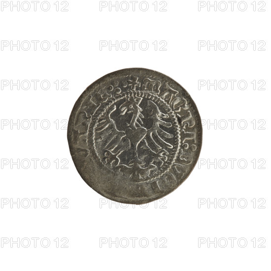 Lithuanian half-grosz, Sigismund I the Old (King of Poland; 1506–1548); 1513. Obverse: Pogon (Lithuanian coat of arms) turned left; in the rim between pearl borders an inscription: + COIN, SMVNDI:13. Reverse: crowned Polish Eagle; in the rim between pearl borders an inscription: + MAGNI:DVCI, VANIE.:. Material: coin; region: Grand Duchy of Lithuania (Vilnius), Poland.
